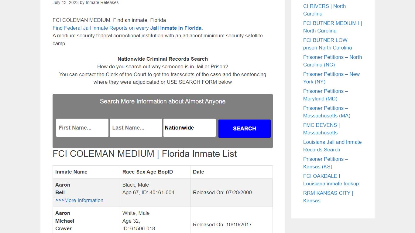 FCI COLEMAN MEDIUM | Florida – Inmate Releases