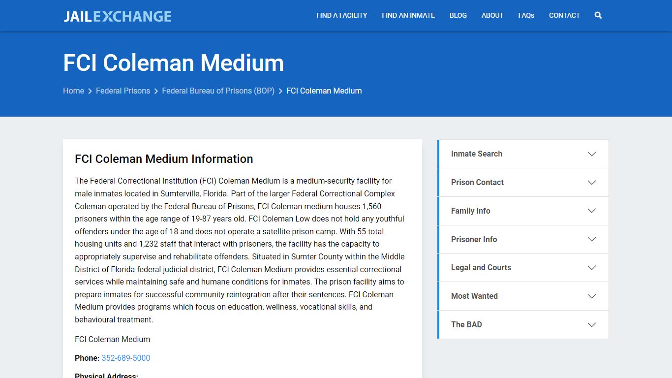Federal Inmate Search - FCI Coleman Medium - Jail Exchange