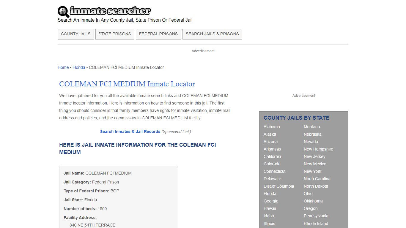 COLEMAN FCI MEDIUM Inmate Locator - Inmate Searcher
