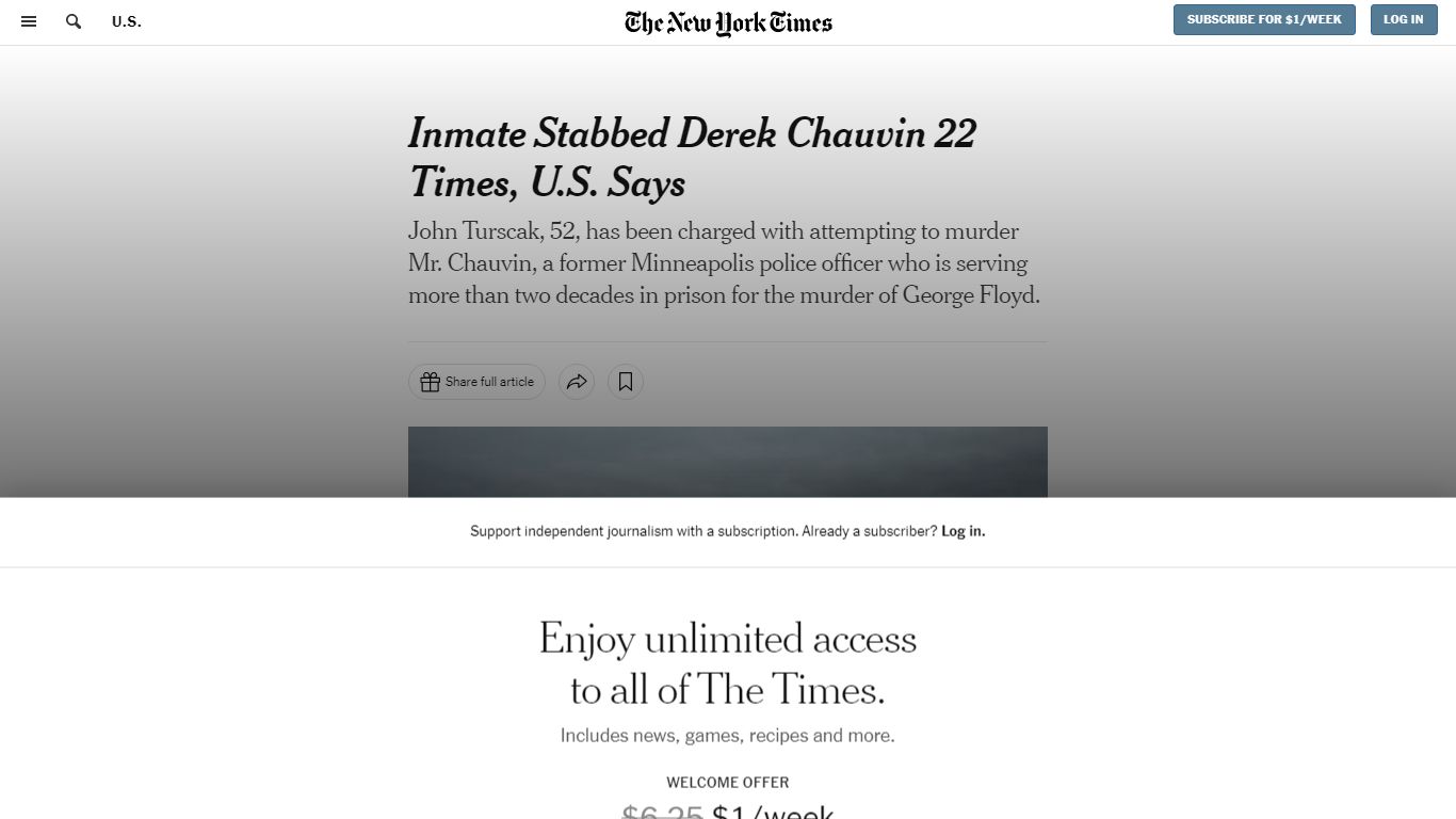 Inmate Stabbed Derek Chauvin 22 Times, U.S. Says
